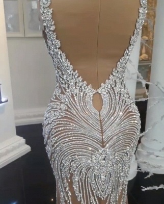 Glamorous Crystals Mermaid Champagne Wedding Dresses V-Neck Backless Rhinestones Bridal Gowns On Sale_3