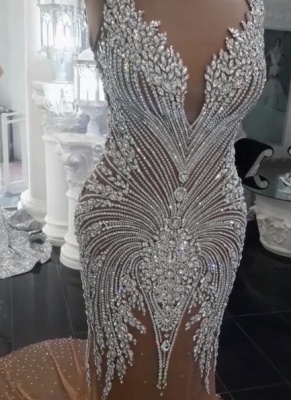 Glamorous Crystals Mermaid Champagne Wedding Dresses V-Neck Backless Rhinestones Bridal Gowns On Sale_1
