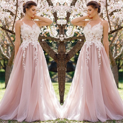 Lace Appliques Pink Tulle Formal Dress  Sleeveless Sheer Tulle Prom Dress_3