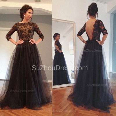 Black 3/4 Sleeve Floor Length Evening Dress Latest Lace Open Back Formal Occasion Dresses TB0121_2