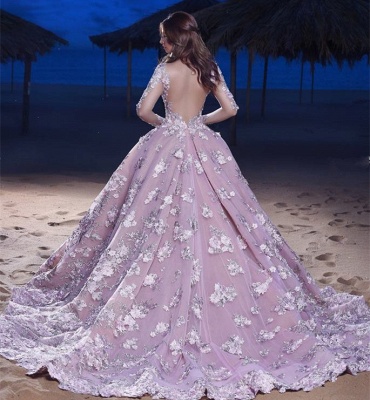 Elegant Long Sleeves Backless Evening Dresses  | Flowers Court Train Ball Dresses_3