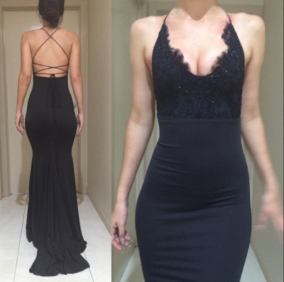 Sexy Black Halter Formal Party Dress Mermaid Lace Spaghetti Straps Evening Gowns  BA4216_1