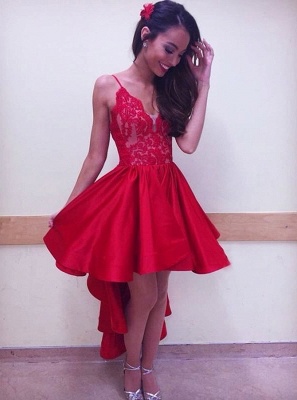 Red Hi-lo  Homecoming Dresses | Spaghetti Straps Lace Short Evening Dresses_3