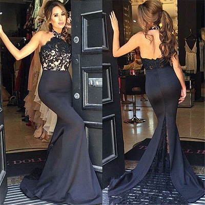 New Arrival Halter Mermaid Evening Dress Black Sleeveless Lace Applique Party Gown BA7144_5