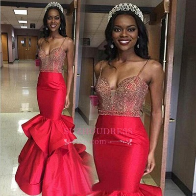 Mermaid Red Crystal Spaghetti Straps Sleeveless Evening Gowns Tiered Sexy Prom Dress_1