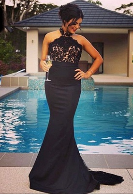 New Arrival Halter Mermaid Evening Dress Black Sleeveless Lace Applique Party Gown BA7144_1