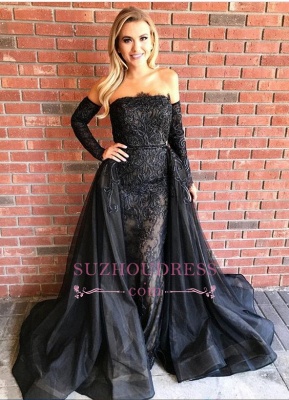 Gorgeous Black Long Sleeves Evening Gowns  Sheath Beads Prom Dresses with Over-Skirt_1