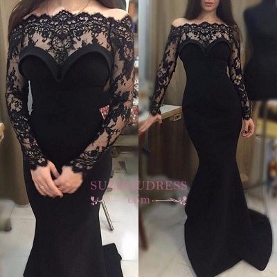 Off-The-Shoulder Mermaid Long Sleeve Black Lace Prom Dresses  BA4129_1