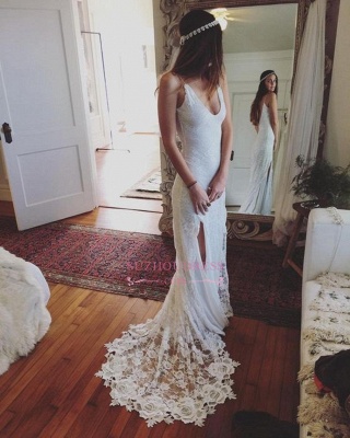 Sleeveless Lace Beach Gorgeous V-Neck Split Wedding Dress_3