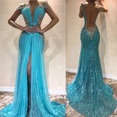 Sexy Backless Shiny Sequins Evening Dresses  | Front Split Appliques  Prom Dresses_3