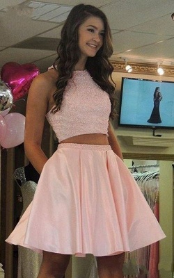 Pink Two Pieces A-line Homecoming Dresses  Pearls Short Cocktail Dresses_1