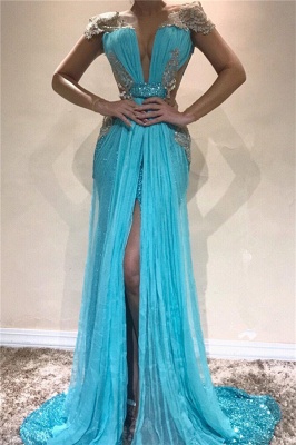 Sexy Backless Shiny Sequins Evening Dresses  | Front Split Appliques  Prom Dresses_1