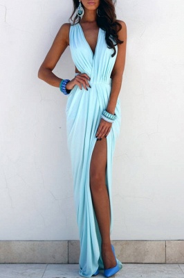 Light Blue Prom Dresses V-neck Ruffles Sleeveless Sexy Side Slit Sloor Length Beach Evening Gowns_1