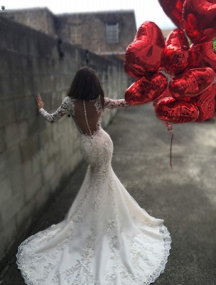 Stylish Mermaid Sheer-Back Tulle Appliques Bridal Dresses Long-Sleeves Mermaid | Bridal Gowns On Sale_3