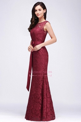 Lace Floor-Length Burgundy Sleeveless Mermaid Bowknot-Sash Prom Dresses_8