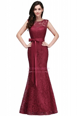 Lace Floor-Length Burgundy Sleeveless Mermaid Bowknot-Sash Prom Dresses_10