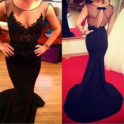 Black Lace Prom Dresses  Mermiad Sheer scoop Illusion Back Evening Gowns CE019_1