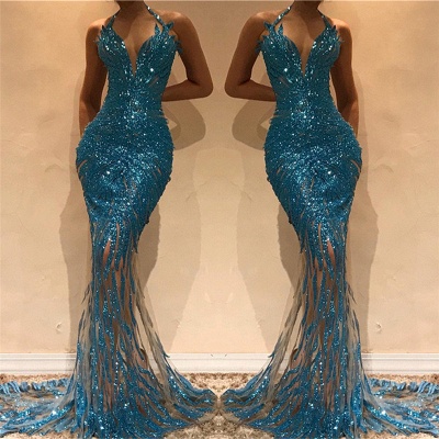 Mermaid Illusion Blue Sequins Evening Dresses | Halter Sleeveless Sexy  Prom Dresses 2019_2