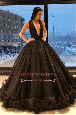 Sexy Tulle Puffy Prom Dress  Deep V-Neck Sequins Sparkling Ruffles Black Sleeveless Evening Gown_3