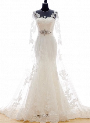 White Lace Long Sleeve Mermaid Bridal Gowns Sweep Train Lace-up Elegant Jewel Royal Princess Wedding Dresses BA3344_1