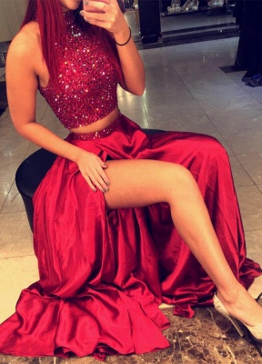 Red High Neck Two Piece Evening Dresses Online Sleeveless Split Prom Dress with Beads BA3198_1