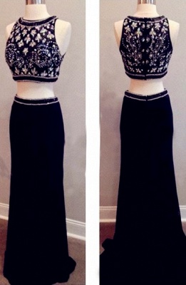 New Arrival Black Two Piece Beading Prom Dress Elegant Floor Length Evening Gown_1