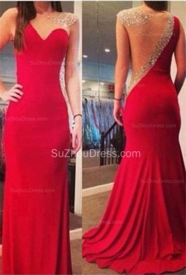 Red  Prom Dresses Illusion Neck Cap Sleeve Sequins Mermaid Satin Sweep Train Sexy Charming Evening Gowns_1