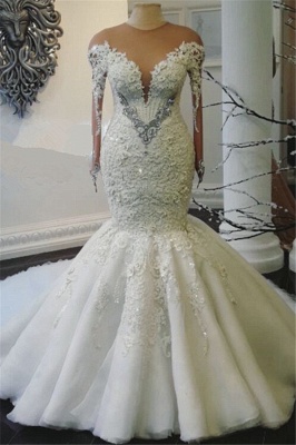 Beads Long Sleeve Wedding Dresses Lace Appliques Mermaid Bridal Gowns On Sale_1