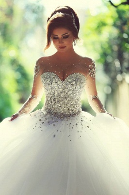 Sheer Sweetheart Crystal Ball Gown Wedding Dresses Lace-up Long Sleeve Tulle Beautiful Wedding Princess Dress MH001_2